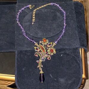 Retired Heidi Daus Elegant Purple and Gold Floral Necklace